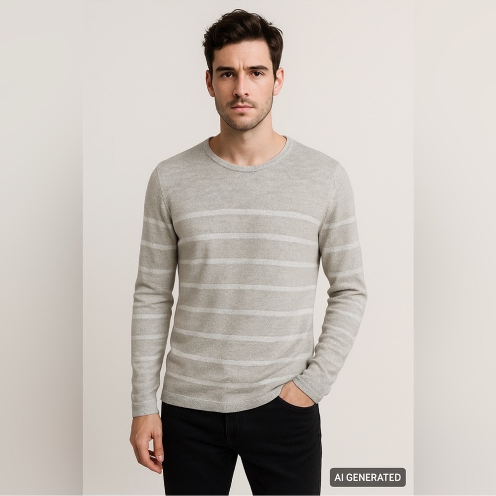 Strellson Grey Stripe Linen Cotton Knit Sweater Men’s XL Slim Fit
